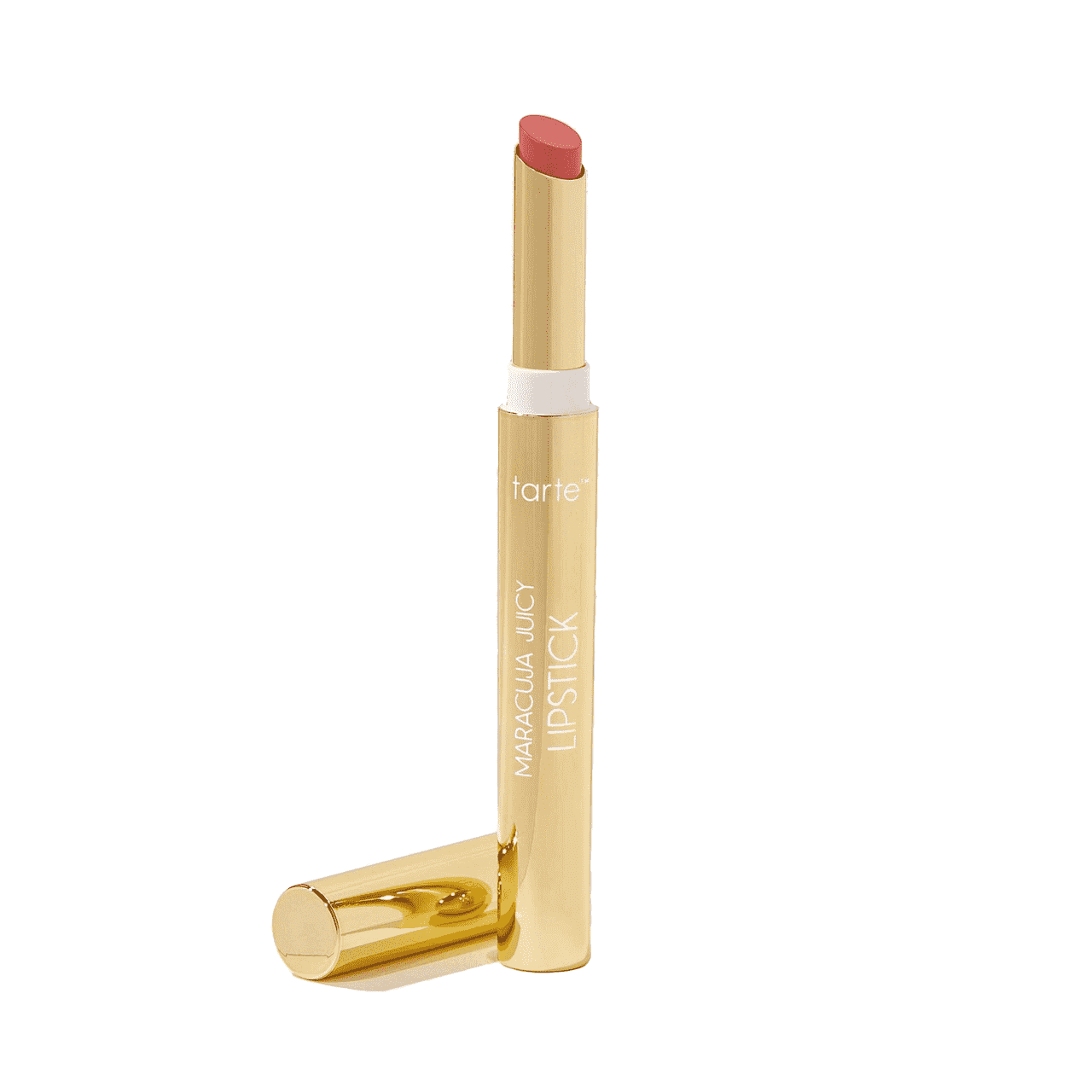 Maracuja Juicy Lipstick Goldröhrchen mit glänzend rosa Lippenstift auf weißem Hintergrund
