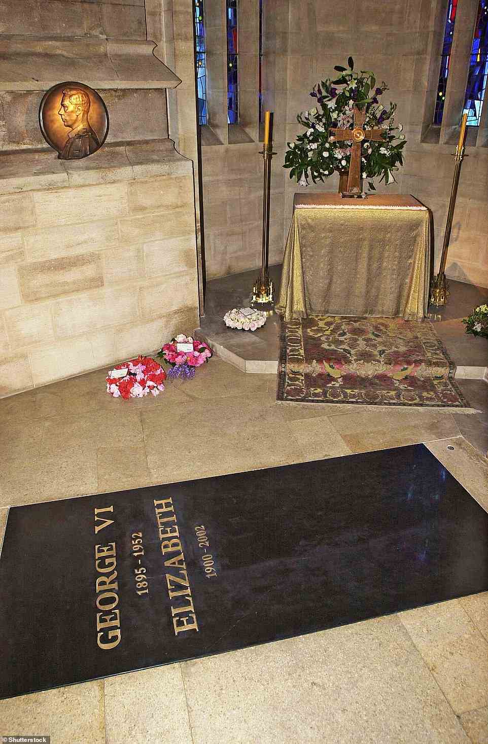 Her Majesty was interred alongside her husband, Prince Philip, and her parents King George VI and Queen Elizabeth, the Queen Mother. Pictured: A stone in the George VI Memorial Chapel at St George's Chapel in Windsor, where the Queen Mother was laid to rest in 2002