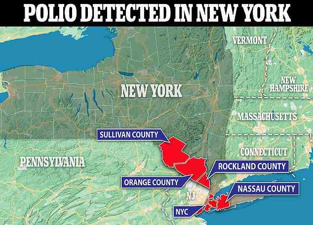 Die obige Karte zeigt die fünf Bezirke in New York, die Polio in ihrem Abwasser entdeckt haben.  Dies sind Rockland, Sullivan, Orange, New York City und Nassau