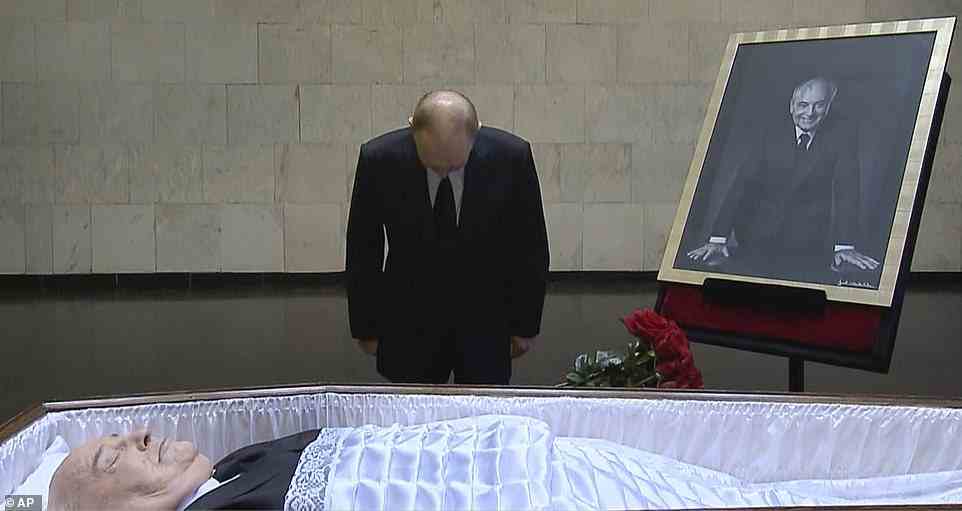 Putin's spokesman Dmitry Peskov said that his work schedule means that he is unable to attend the funeral. Pictured: Putin bows his head as he pays his respects to last Soviet leader Gorbachev, at his open casket
