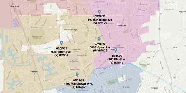 Die Polizei von Stockton teilt eine Karte mit den Orten von fünf kürzlichen Morden in der Stadt.