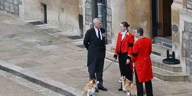 Prinz Andrew steht am 19. September mit den Corgis der Königin, Muick und Sandy, vor dem Schloss Windsor, vor der Verabschiedung von Königin Elizabeth II.