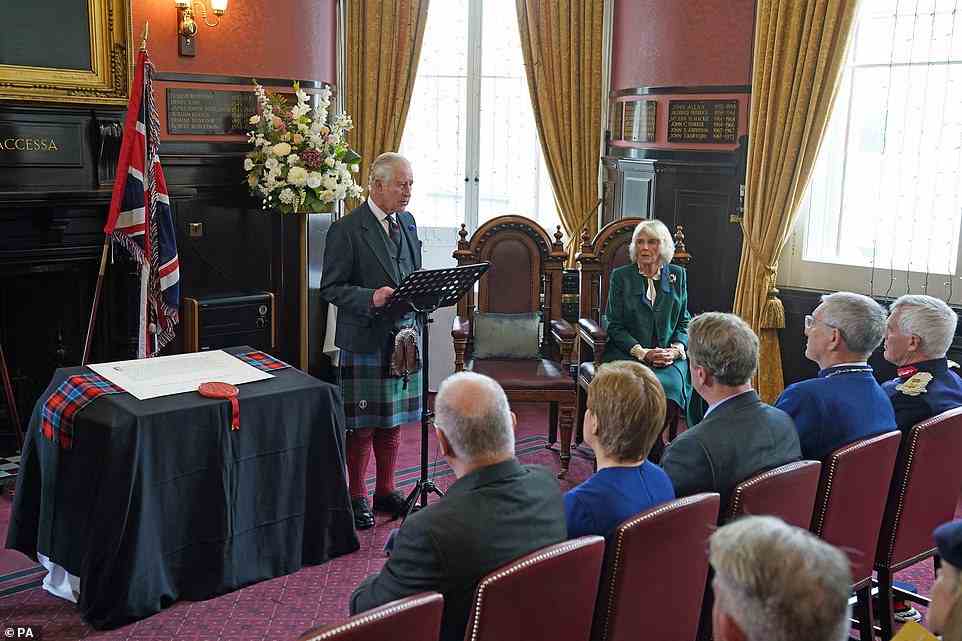 Charles used his speech to declare: 'We gather to celebrate this great occasion but also to commemorate the life of Her late Majesty, whose deep love for Scotland was one of the foundations of her life'