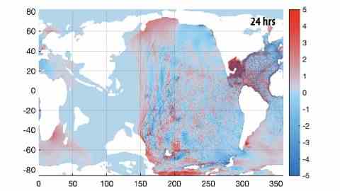 Diese Grafik zeigt die Höhenbewegung der Tsunami-Meeresoberfläche 24 Stunden nach dem Einschlag.