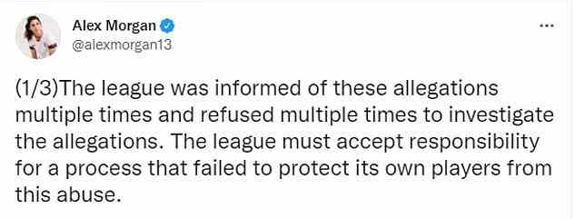 When the scandal broke last year, Morgan tweeted: 'The league was informed of these allegations multiple times and refused multiple times to investigate the allegations. The league must accept responsibility for a process that failed to protect its own players from this abuse