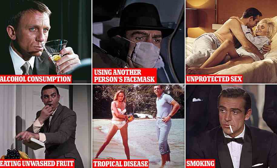 Risks to Bond health in the films made by Eon Productions include alcohol consumption (as seen here in 'Casino Royale'), using another person's facemask ('You Only Live Twice'), casual sex, which risks STIs ('Goldfinger'), eating unwashed fruit ('Thunderball'), disease in tropical locations and smoking (both 'Dr. No')