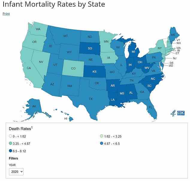 Das Obige zeigt die Säuglingssterblichkeitsraten nach Bundesstaat, wobei dunkle Farben höhere Raten darstellen.  Sie zeigt, dass Staaten, in denen kein bezahlter Elternurlaub vorgesehen ist, höhere Raten haben