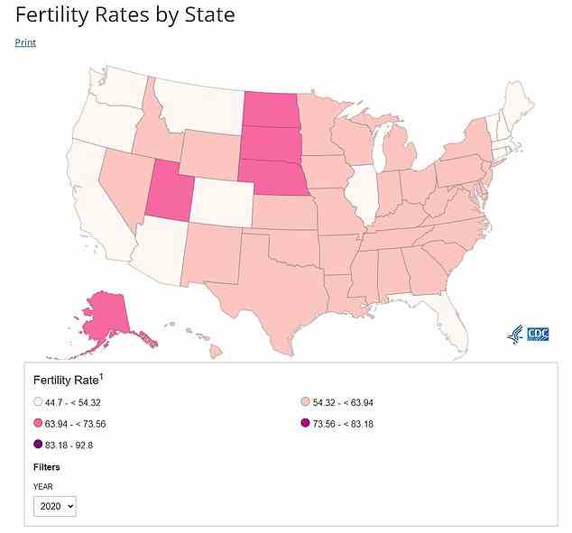 Das Obige zeigt die Fruchtbarkeitsrate oder die Anzahl der Geburten pro 100.000 Einwohner in den Vereinigten Staaten, aufgeschlüsselt nach Bundesstaaten.  Die Dakotas, Alaska und Utah haben die höchsten Raten