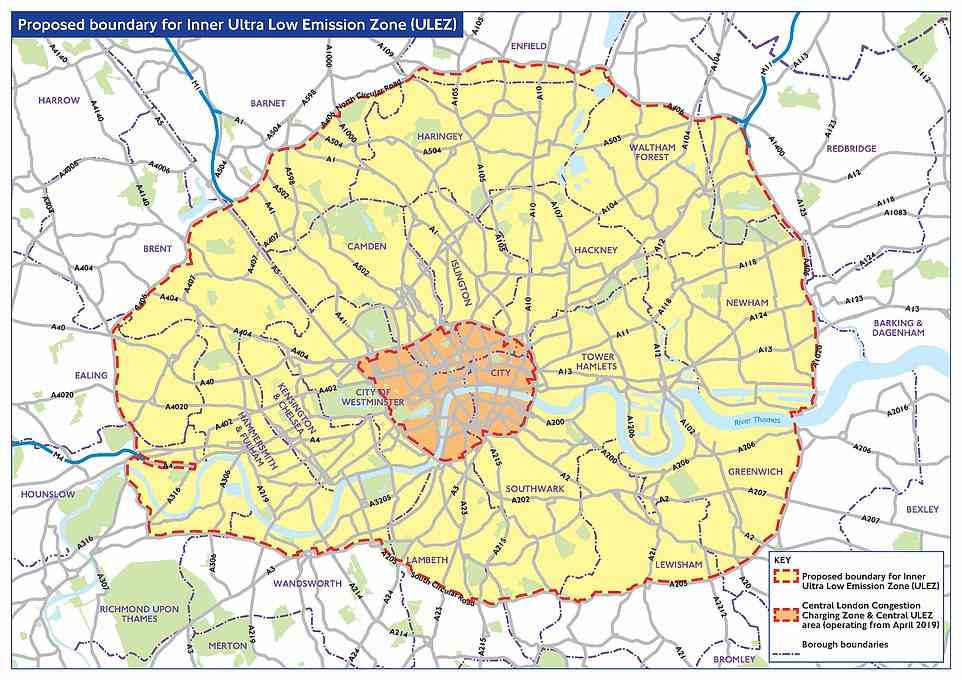 The orange area shows the original ULEZ limit from April 2019. The much larger yellow section shows the widespread coverage of inner London - which is 18 times the initial size - now that it has been extended as of 25 October 2021