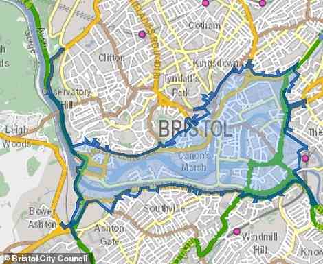 Motorists using any of the roads marked in the blue area of this map of Bristol driving a CAZ non-compliant passenger car will be charged £9 a day from the end of November 2022