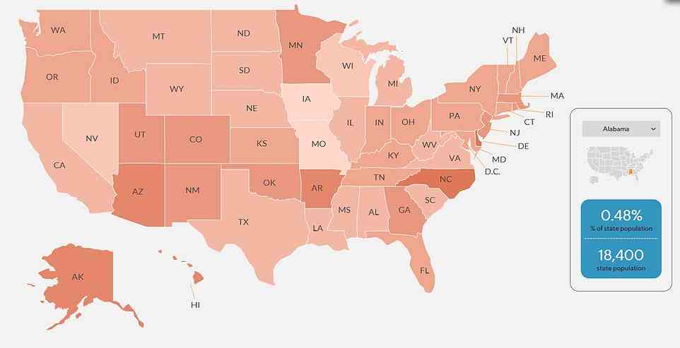 Diese Karte zeigt den Anteil der Bevölkerung, der sich als Transgender identifiziert, nach Staat.  Diejenigen mit der dunkelsten Farbe haben fast ein Prozent ihrer Bevölkerung in dieser Kategorie