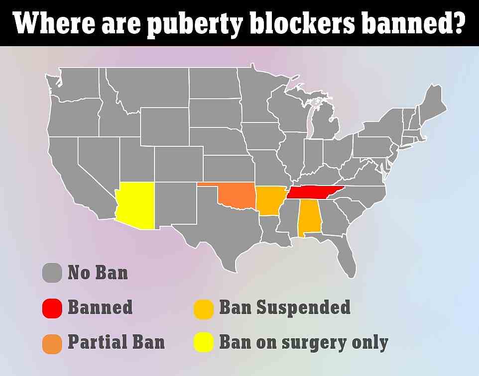 Oben sind die Staaten mit einem Verbot von Pubertätsblockern (rot), einem teilweisen Verbot (dunkelorange), einem ausgesetzten Verbot wegen Gerichtsverfahren (orange) und einem reinen Operationsverbot (gelb) dargestellt.