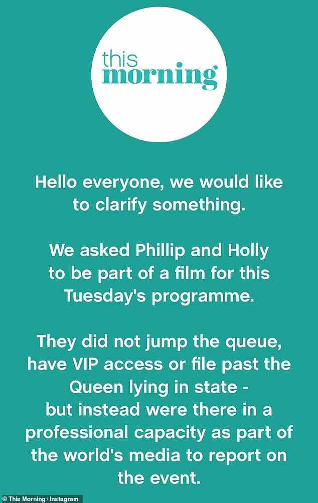 Erklärung: Am Samstag verweigerten die Chefs von This Morning den Show-Moderatoren Holly und Phillip „VIP-Zugang“ und reichten „an der im Staat liegenden Königin vorbei“ ein.