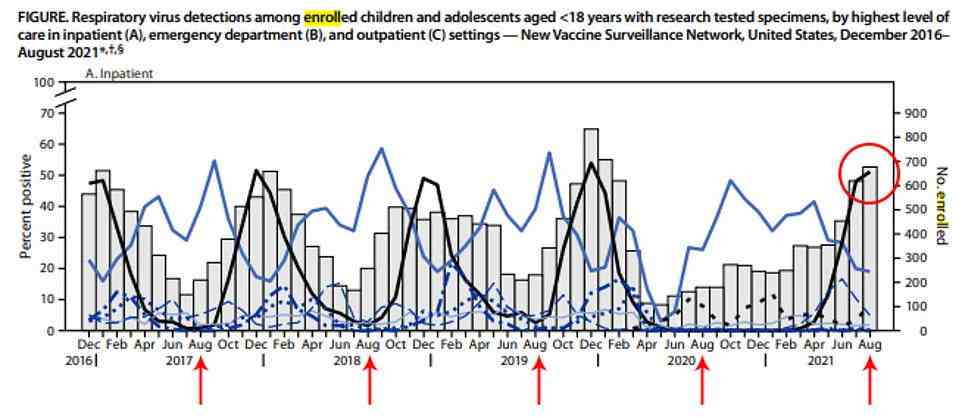 Die obige Grafik zeigt die Anzahl der Kinder unter 18 Jahren, die in sieben Krankenhäusern in den USA wegen Atemwegserkrankungen aufgenommen wurden, die als landesweit repräsentativ angesehen wurden (graue Balken).  Jeder wurde dann auf Atemwegsviren getestet, wobei die Ergebnisse durch die Linien angezeigt werden.  Daten zeigten, dass Infektionen mit dem Respiratory Syncytial Virus (RSV, schwarze Linie) im Sommer letzten August (roter Kreis) ihren höchsten Stand aller Zeiten erreichten.  Die roten Pfeile zeigen die anderen August in der Grafik