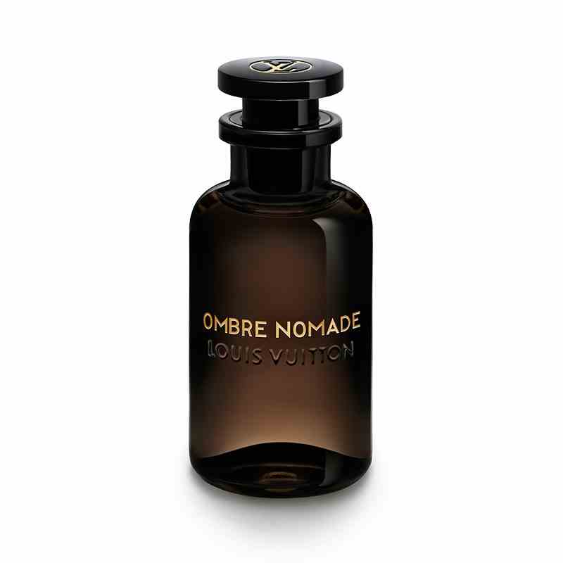 Eine braune Parfümflasche des Louis Vuitton Ombre Nomade Parfüms auf weißem Hintergrund