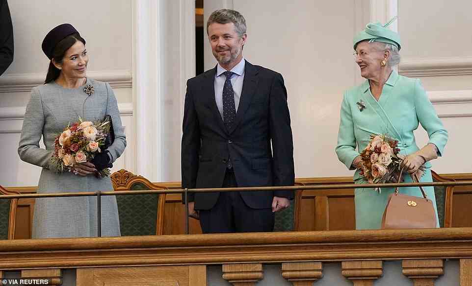 Queen Margrethe of Denmark and her eldest son refused to answer questions regarding the fallout of last week's bombshell royal titles as they arrived at the state opening of parliament on Tuesday