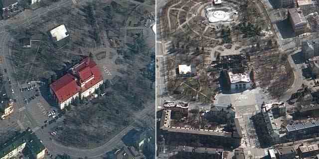 Von Maxar aufgenommene Satellitenbilder zeigen das Dramatheater Mariupol in der Ukraine vor und nach einem Luftangriff am 16. März 2022. Das Wort "Kinder" ist in weißer Schrift zu erkennen.