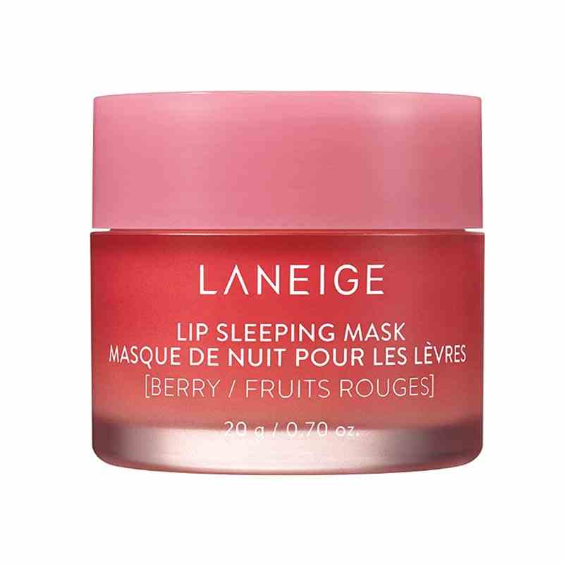 A small pink jar of the Laneige Lip Sleeping Mask on a white background