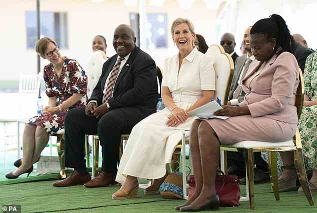 Smiling: the royal appeared to be extremely happy as she visited Molefe Primary School, and was snapped smiling broadly