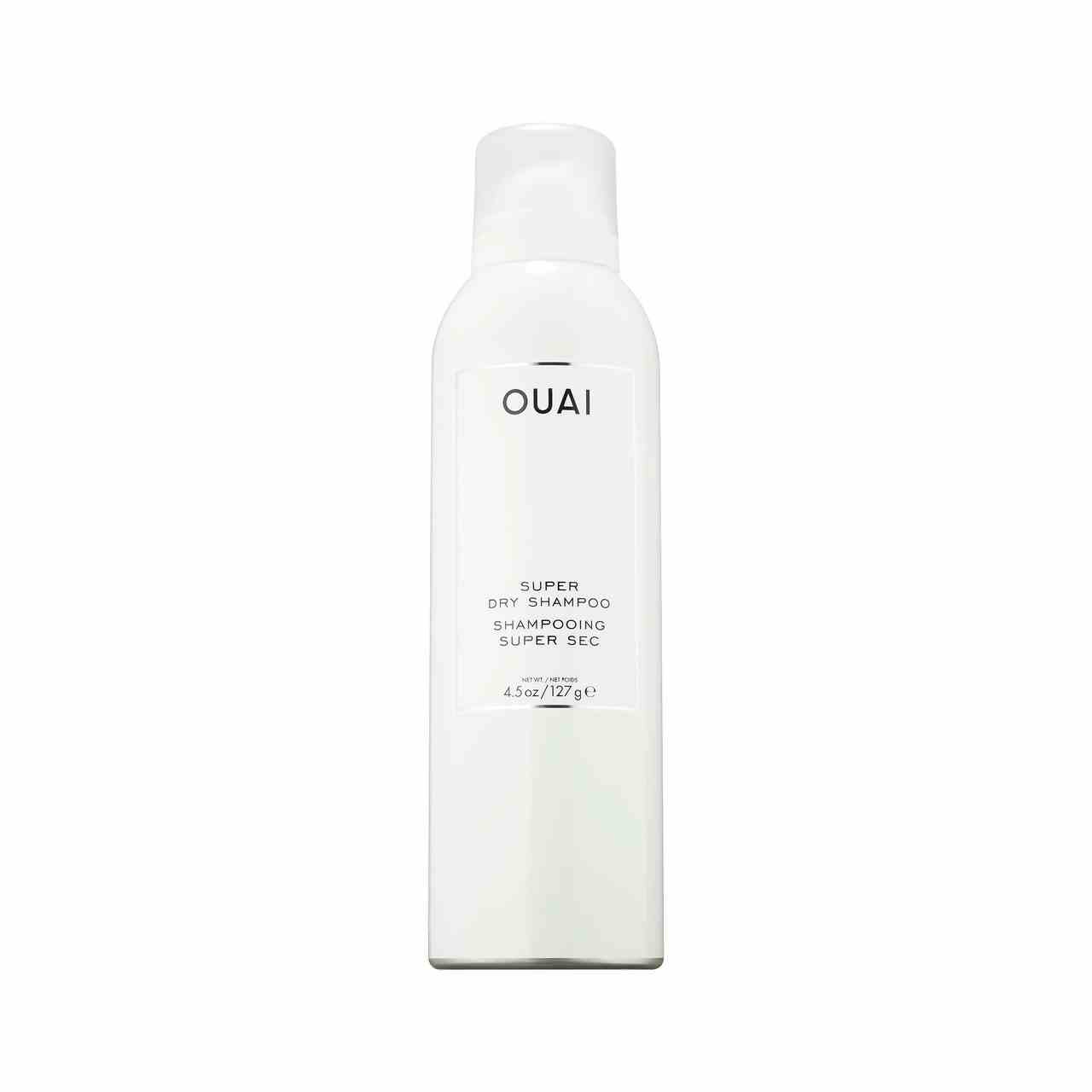 Ouai Super Dry Shampoo weiße Aerosolflasche auf weißem Hintergrund