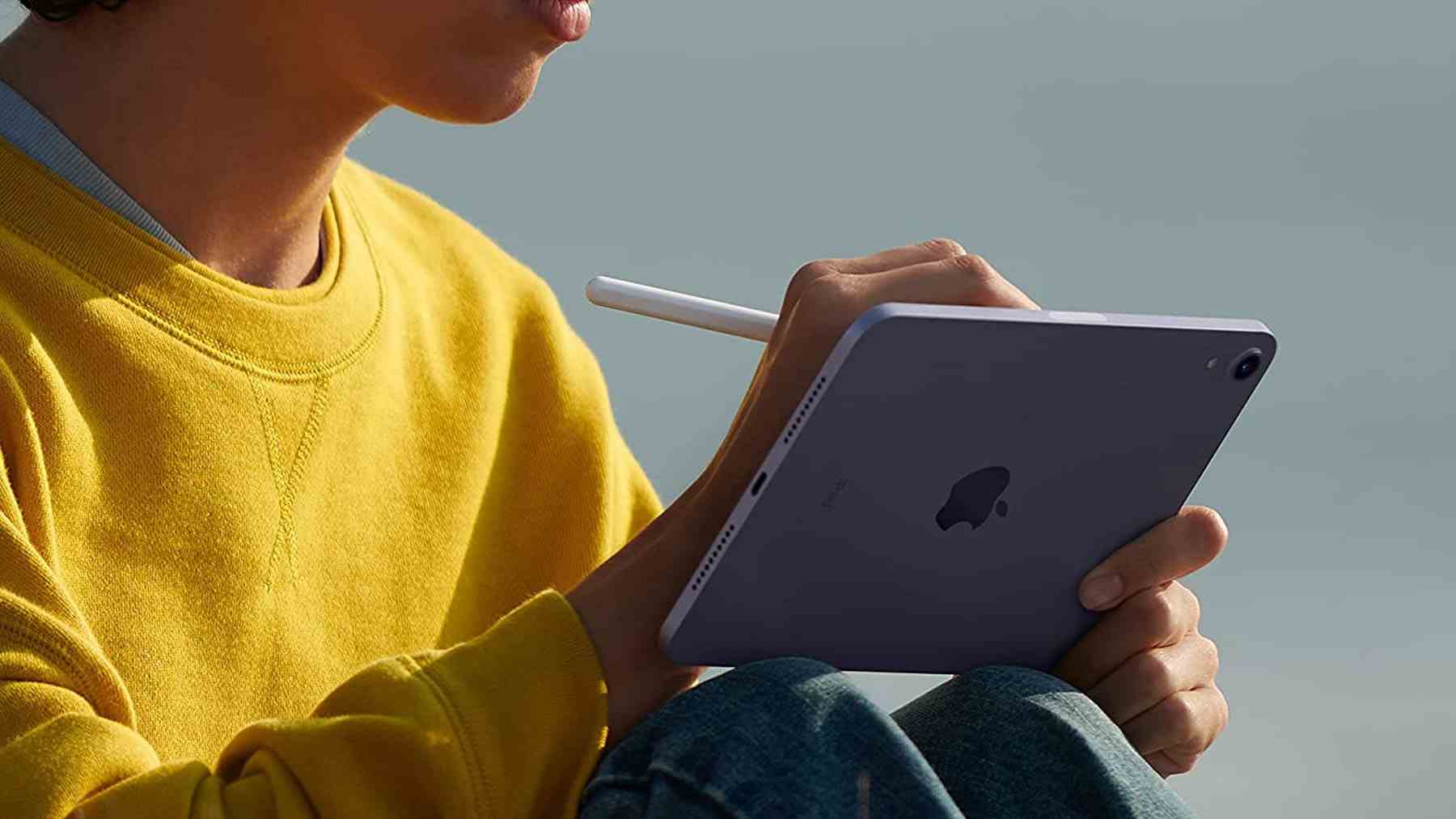 Eine Aufnahme einer Person, die auf einem iPad Mini sitzt und einen Apple Pencil verwendet