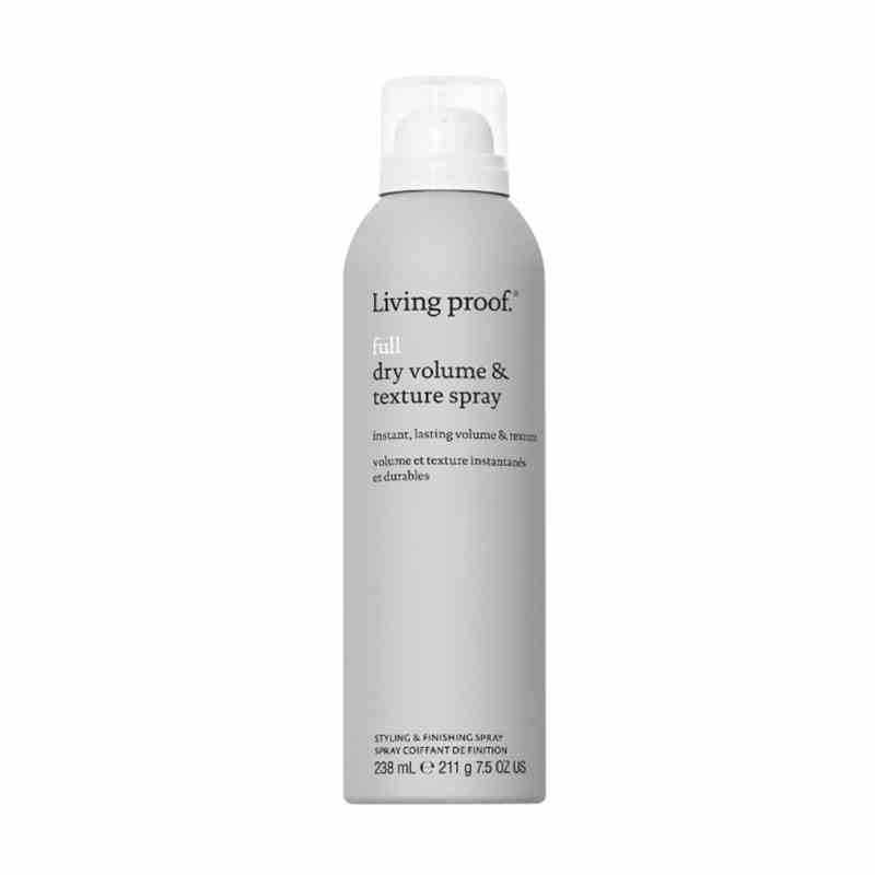 Eine graue Haarsprayflasche des Living Proof Full Dry Volume & Texture Spray auf weißem Hintergrund