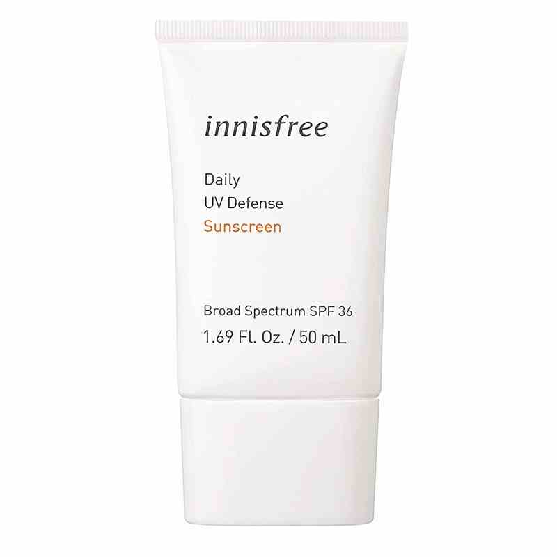 A white tube of the Innisfree Daily UV Defense SPF 36 Sunscreen on a white background