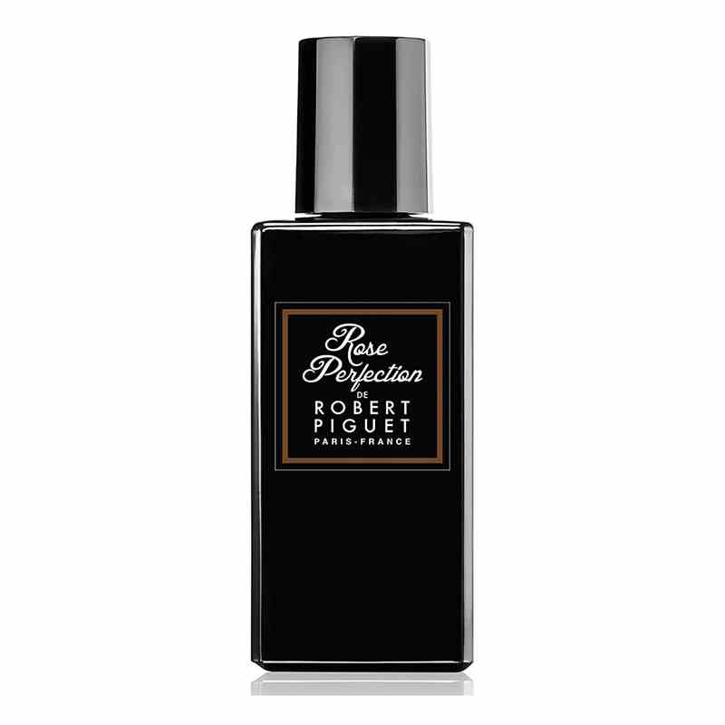 Eine schwarze Parfümflasche des Robert Piguet Rose Perfection Eau de Parfum auf weißem Hintergrund