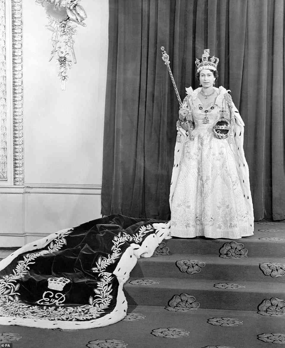 Queen Elizabeth II wearing the Coronation dress in the Throne Room at Buckingham Palace after her coronation in June 1953