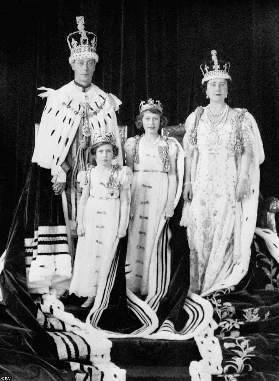 King George VI and Queen Elizabeth with their daughters Princess Elizabeth and Princess Margaret Rose after the coronation of The Duke of York as King George VI on May 12, 1937