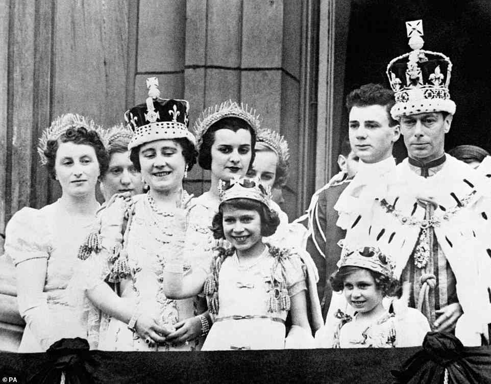 Queen Elizabeth (later Queen Elizabeth the Queen Mother), Princess Elizabeth (later Queen Elizabeth II), Princess Margaret and King George VI after his coronation on the balcony of Buckingham Palace in London on May 12, 1937