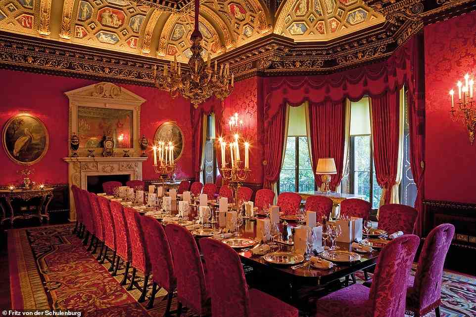 WIMBORNE HOUSE, ARLINGTON STREET: This 'grand' property was designed by the architect William Kent in the mid-1700s, with the picture above showing the William Kent Room, which is 'the central feature of the house and is the richest room imaginable, with an elaborate and colourful ceiling', the author writes. The room was embellished in the late 1800s with 'inlaid doors, panelling, and a grotesque chimneypiece and mirror', but these new additions have since been 'stripped away' and the space has been restored to its former glory. Wimborne House changed hands several times over the years, serving as the home of 'two prime ministers and several dukes', among others. What's more, Winston Churchill was a regular visitor to the property and it also 'attracted the attention of writers' such as Evelyn Waugh, the book notes. In 2005, the Ritz Hotel acquired the property to use the rooms as an event space - the 'grandest hotel extension in the world'