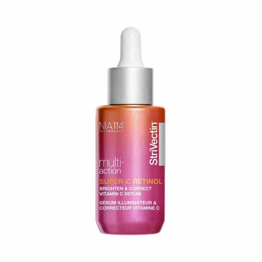 StriVectin Multi-Action Super-C Retinol Brighten & Correct Vitamin C Gesichtsserum orange bis rosafarbene Serumflasche mit grau-weißer Tropfkappe auf weißem Hintergrund