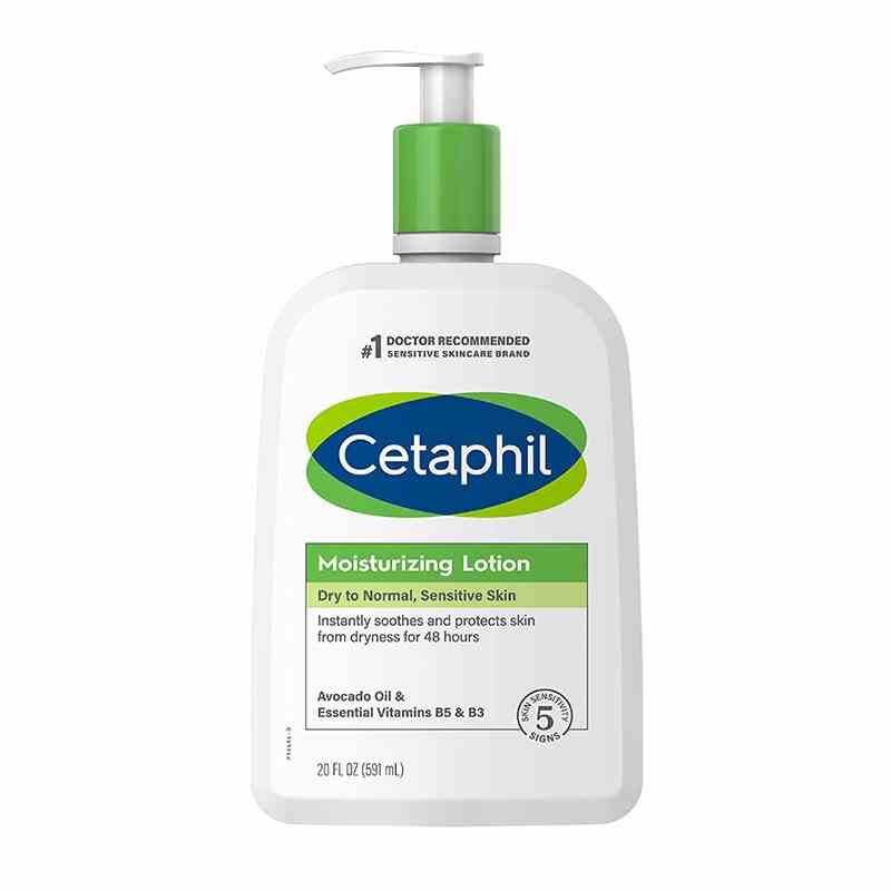 A green and white pump bottle of the Cetaphil Moisturizing Lotion on a white background