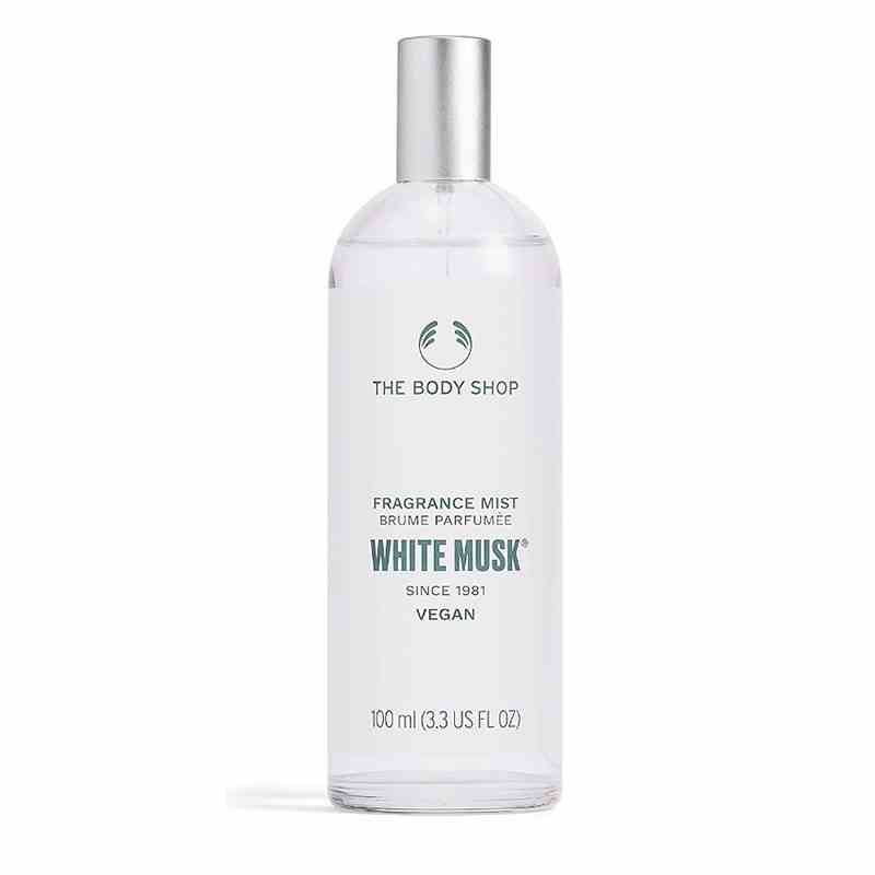 A bottle of the The Body Shop White Musk Fragrance Mist on a white background
