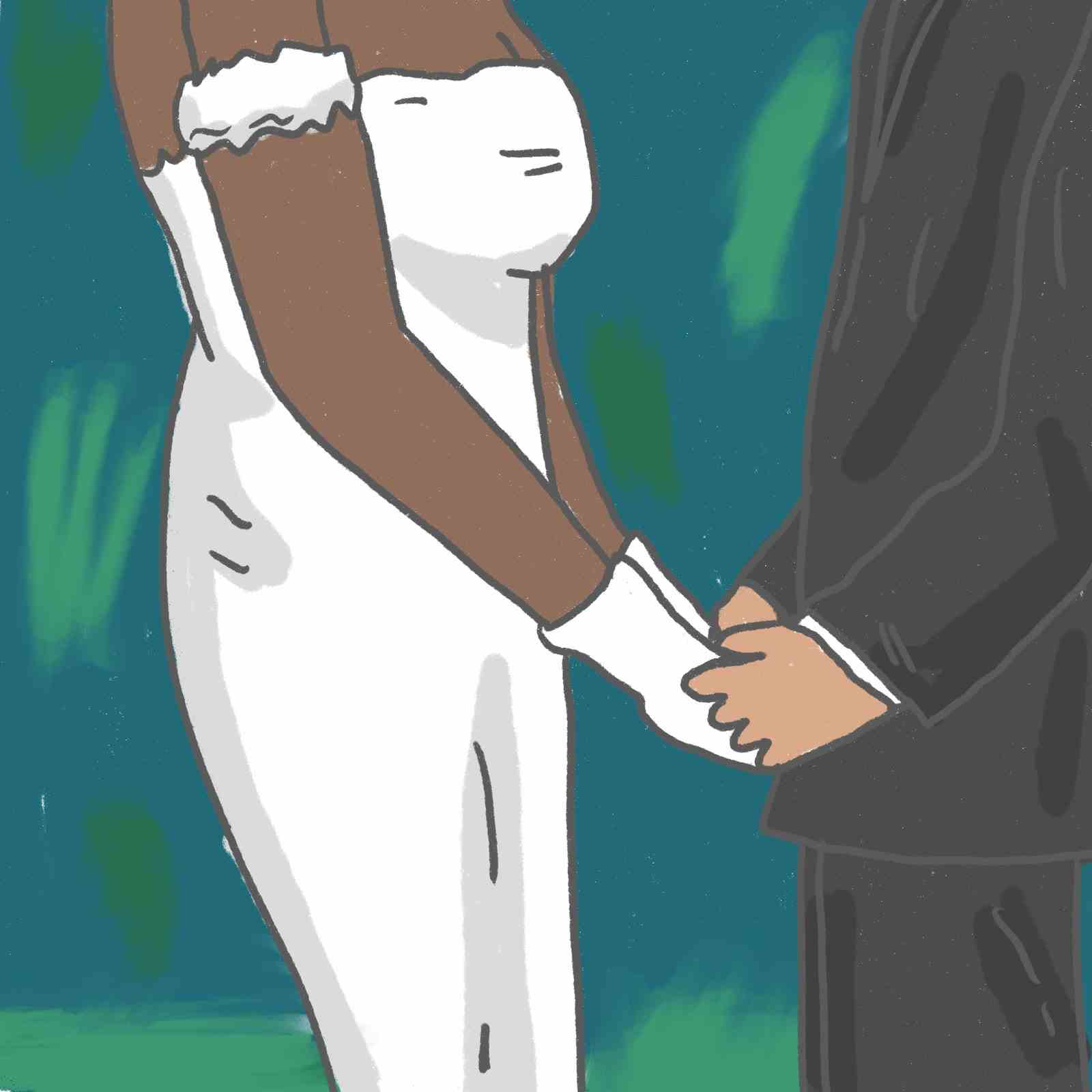 Braut und Bräutigam halten sich an den Händen.
