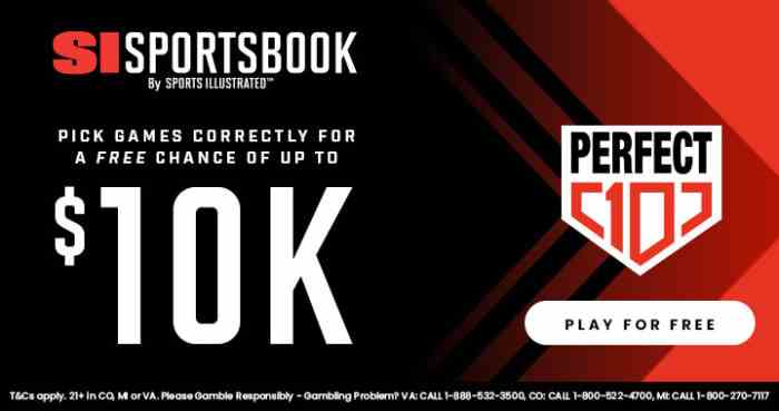 SI Sportsbook Perfect 10: KOSTENLOS SPIELEN.  Wählen Sie 10 Spiele aus.  Gewinnen Sie $10.000