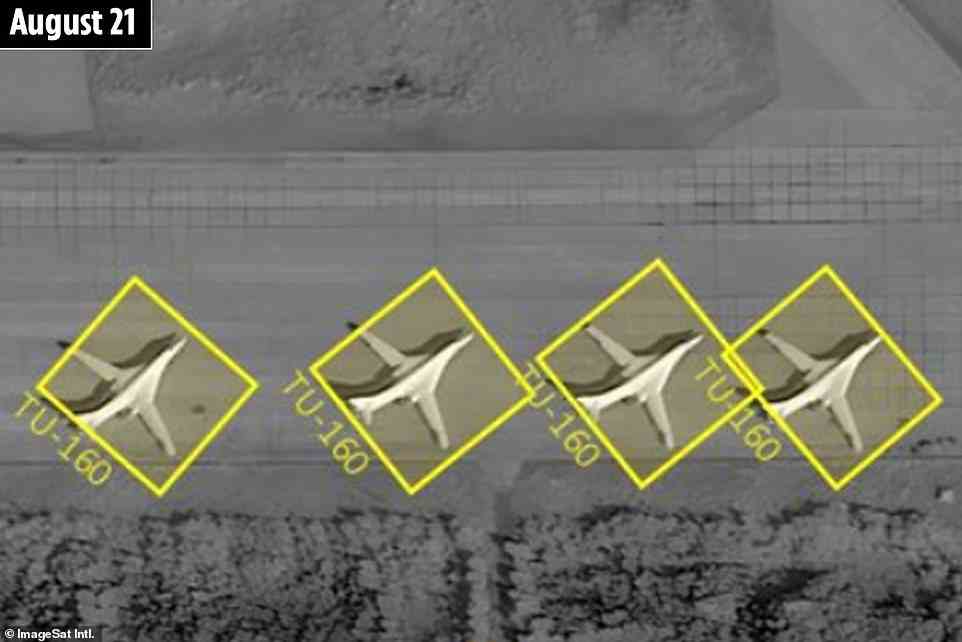 Im Bild: Vier Tu-160 „Blackjacks“, die um den 21. August 2022 auf dem Luftwaffenstützpunkt Olenya von einer israelischen Geheimdienstfirma ImageSat Intl