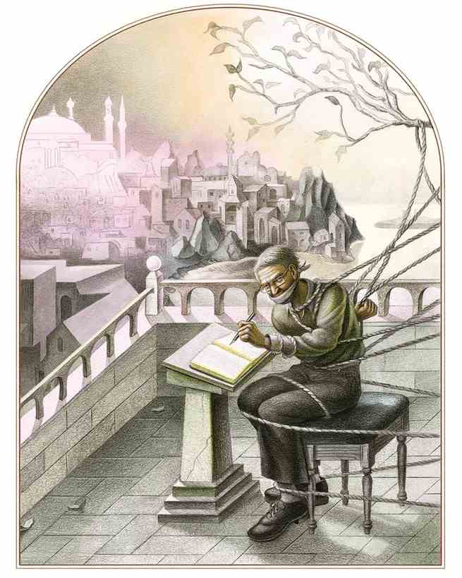 Zeichnung von Orhan Pamuk, der schreibt, während er mit einem Seil gefesselt ist