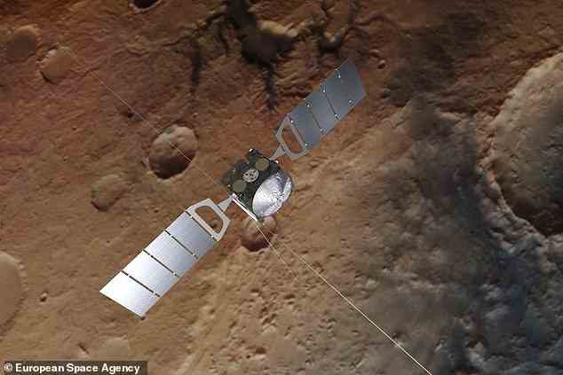 Künstlerische Darstellung des Satelliten Mars Express der Europäischen Weltraumorganisation, der im Juni 2003 vom Kosmodrom Baikonur in Kasachstan gestartet wurde