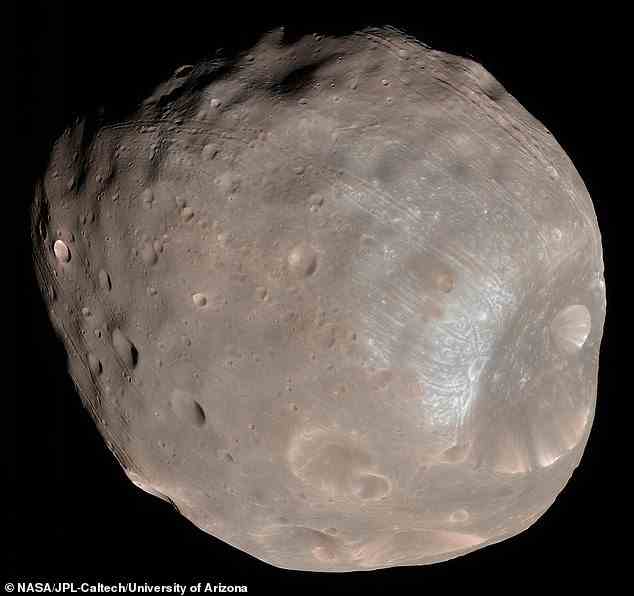 Verbessertes Farbbild von Phobos, dem größeren der beiden Marsmonde.  Es misst 14 Meilen entlang seiner längsten Achse