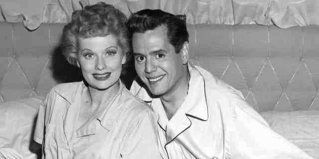 Lucille Ball and Desi Arnaz in bed in the pilot episode of "I Love Lucy," 1951. 