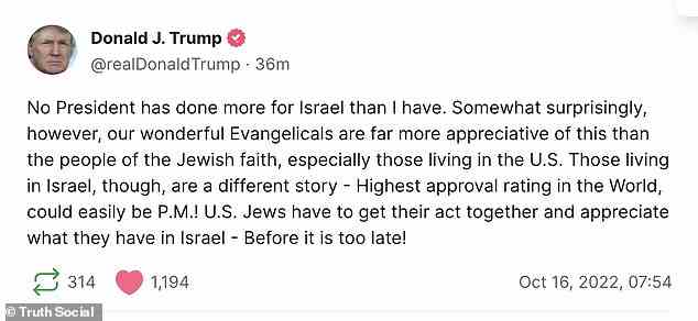 Trump forderte amerikanische Juden in seinem Post am Sonntagmorgen auf, „zu schätzen, was sie in Israel haben“.