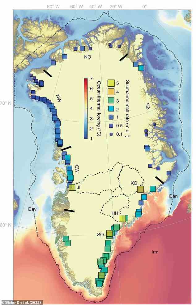 Thermischer Antrieb des Ozeans (schattierte Bereiche) und jährliche U-Boot-Schmelzrate (ausgefüllte Quadrate) an Grönlands meeresabschließenden Gletschern.  Der thermische Antrieb des Ozeans gibt an, wie viel höher die Temperatur des Ozeans ist als sein Gefrierpunkt