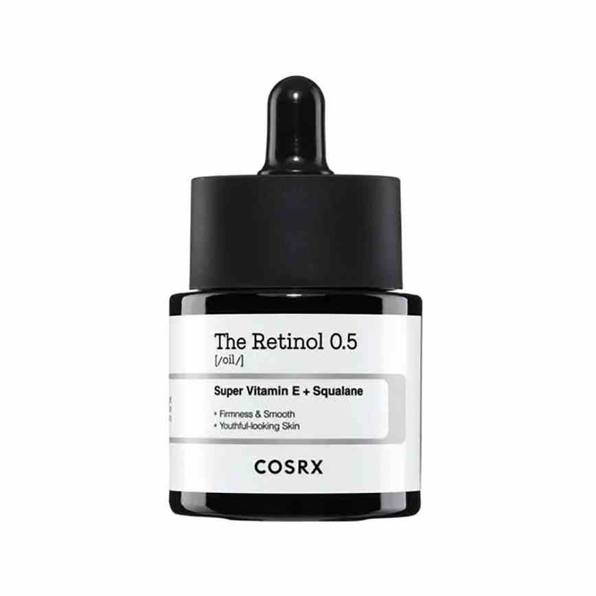 Cosrx The Retinol 0.5 Oil black serum bottle with white label on white background