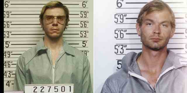 Evan Peters (Bild links) spielt Jeffrey Dahmer in Netflix "Monster: Die Geschichte von Jeffrey Dahmer."