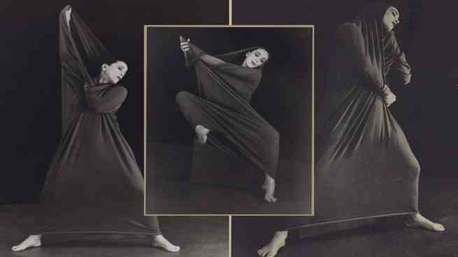 Triptychon von Martha Graham, die in gespanntem Stoff tanzt