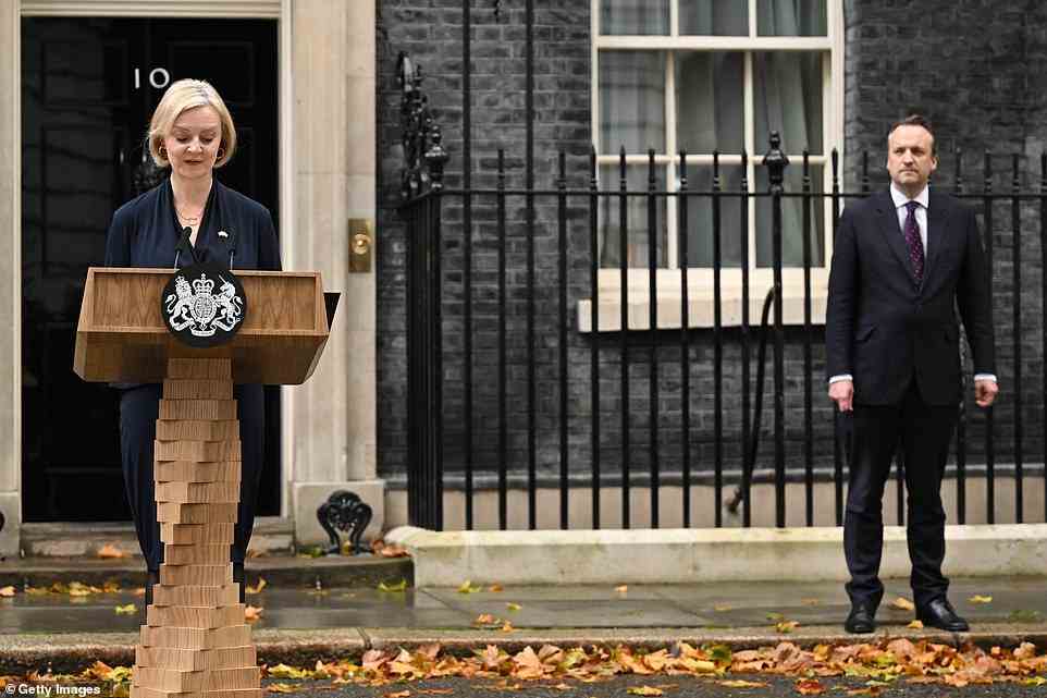 Ms Truss was watched by husband Hugh as she delivered her emotional announcement in Downing Street today