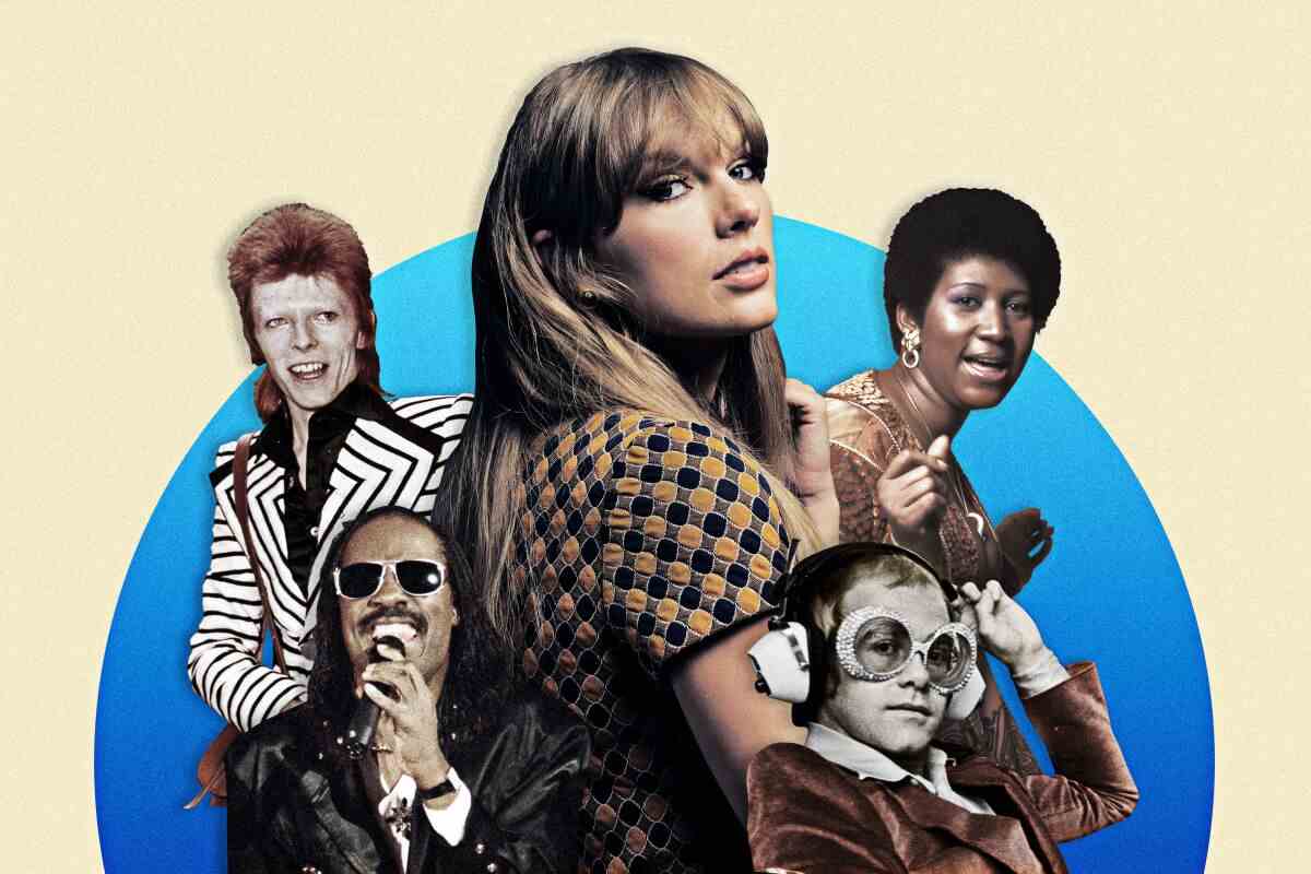 Eine Collageillustration der Musiker David Bowie, Stevie Wonder, Taylor Swift, Aretha Franklin und Elton John.