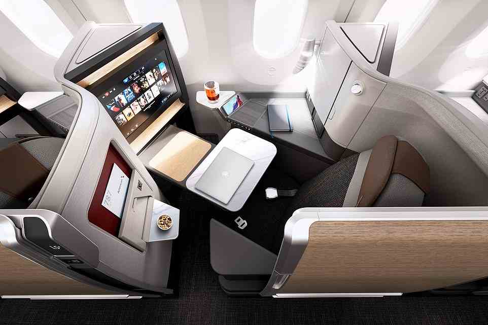 Die Business-Class-Sitze der „Flagship Suite“ bieten Kunden ein „Premium“-Erlebnis mit einer Privatsphärentür.  Oben ist ein Dreamliner-Rendering